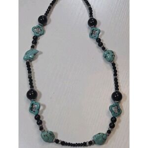 Natural and Faux Turquoise & Black Beaded Necklace 12" Drop Toggle Clasp